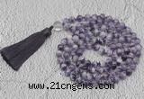 GMN764 Hand-knotted 8mm, 10mm dogtooth amethyst 108 beads mala necklaces with tassel