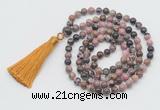 GMN795 Hand-knotted 8mm, 10mm rhodonite 108 beads mala necklace with tassel