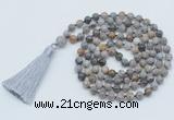 GMN797 Hand-knotted 8mm, 10mm silver needle agate 108 beads mala necklace with tassel