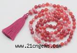 GMN798 Hand-knotted 8mm, 10mm red banded agate 108 beads mala necklace with tassel