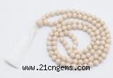 GMN815 Hand-knotted 8mm, 10mm white fossil jasper 108 beads mala necklace with tassel