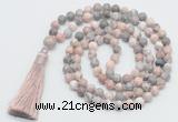 GMN816 Hand-knotted 8mm, 10mm pink zebra jasper 108 beads mala necklace with tassel