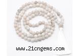 GMN8405 8mm, 10mm white crazy agate 27, 54, 108 beads mala necklace with tassel