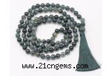 GMN8406 8mm, 10mm moss agate 27, 54, 108 beads mala necklace with tassel