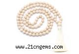GMN8414 8mm, 10mm white fossil jasper 27, 54, 108 beads mala necklace with tassel
