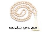 GMN8414 8mm, 10mm white fossil jasper 27, 54, 108 beads mala necklace with tassel