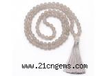 GMN8442 8mm, 10mm matte grey agate 27, 54, 108 beads mala necklace with tassel