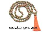 GMN8518 8mm, 10mm unakite 27, 54, 108 beads mala necklace with tassel