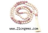 GMN8550 8mm, 10mm white fossil jasper & pink wooden jasper 108 beads mala necklace with tassel