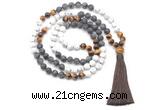 GMN8564 8mm, 10mm matte white howlite, black labradorite & yellow tiger eye 108 beads mala necklace with tassel