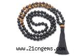 GMN8565 8mm, 10mm matte black agate & yellow tiger eye 108 beads mala necklace with tassel