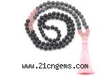 GMN8566 8mm, 10mm matte black agate, black labradorite & rose quartz 108 beads mala necklace with tassel