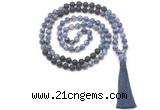 GMN8573 8mm, 10mm blue spot stone & black lava 108 beads mala necklace with tassel