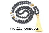 GMN8578 8mm, 10mm black lava, matte white howlite & golden tiger eye 108 beads mala necklace with tassel