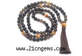 GMN8579 8mm, 10mm black lava, smoky quartz & golden tiger eye 108 beads mala necklace with tassel