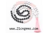 GMN8583 8mm, 10mm black agate, rose quartz & white howlite 108 beads mala necklace with tassel