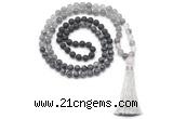 GMN8588 8mm, 10mm black lava, black labradorite & cloudy quartz 108 beads mala necklace with tassel