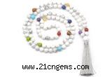 GMN8600 Hand-knotted 7 Chakra 8mm, 10mm white howlite 108 beads mala necklace with tassel