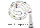 GMN8601 Hand-knotted 7 Chakra 8mm, 10mm white howlite 108 beads mala necklace with tassel