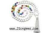 GMN8603 Hand-knotted 7 Chakra 8mm, 10mm white howlite 108 beads mala necklace with tassel
