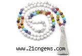 GMN8604 Hand-knotted 7 Chakra 8mm, 10mm white howlite 108 beads mala necklace with tassel