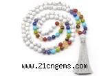GMN8605 Hand-knotted 7 Chakra 8mm, 10mm white howlite 108 beads mala necklace with tassel