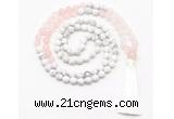 GMN8626 8mm, 10mm matte white howlite & rose quartz 108 beads mala necklace with tassel