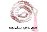 GMN8627 8mm, 10mm matte white howlite, red jasper & rose quartz 108 beads mala necklace with tassel