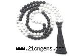 GMN8636 8mm, 10mm white howlite & black lava 108 beads mala necklace with tassel