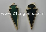 NGP1291 30*65mm green agate pendants with brass setting