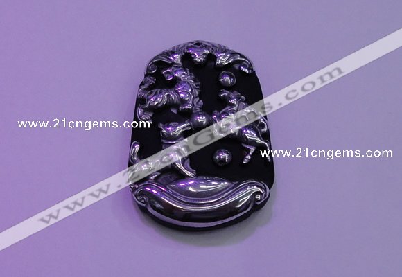 NGP2009 30*40mm carved silver plated matte black obsidian pendants