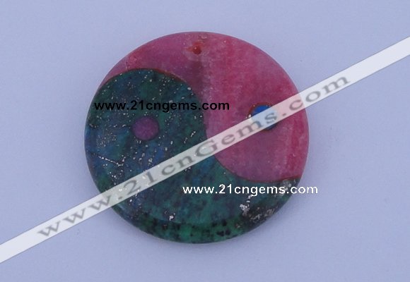 NGP208 6*40mm coin dyed rhodochrosite & chrysocolla gemstone pendant