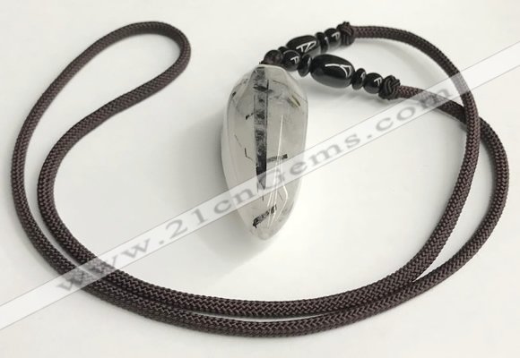 NGP5582 Black rutilated quartz teardrop pendant with nylon cord necklace