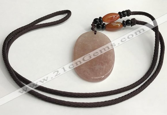 NGP5608 Strawberry quartz oval pendant with nylon cord necklace