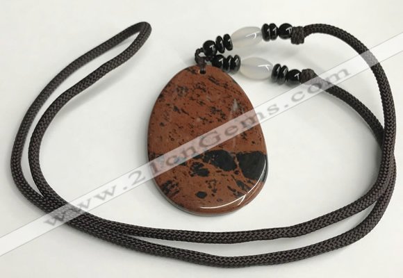 NGP5618 Mahogany obsidian flat teardrop pendant with nylon cord necklace