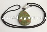 NGP5623 Unakite flat teardrop pendant with nylon cord necklace