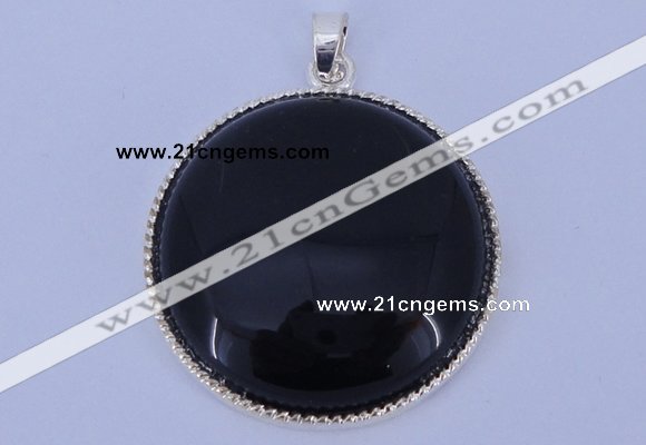 NGP651 5pcs 6*33mm flat round black obsidian with brass gemstone pendants