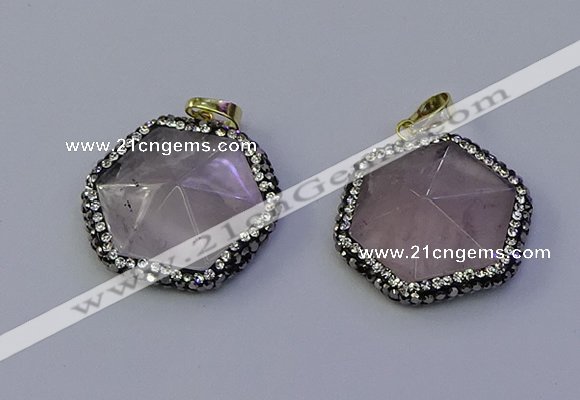 NGP7111 30*30mm hexagon rose quartz pendants wholesale