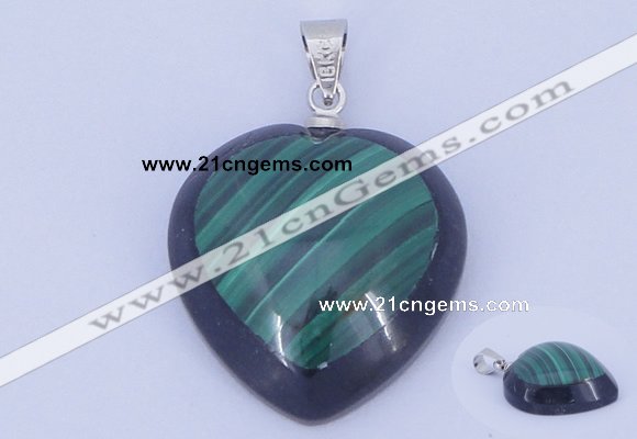 NGP732 20*20mm heart natural malachite & black agate with 18KGP pendant