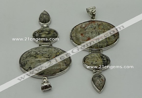 NGP8018 50*82mm - 52*86mm grey picture jasper pendant set jewelry