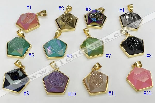 NGP9604 20*20mm faceted pentagon plated druzy agate pendants