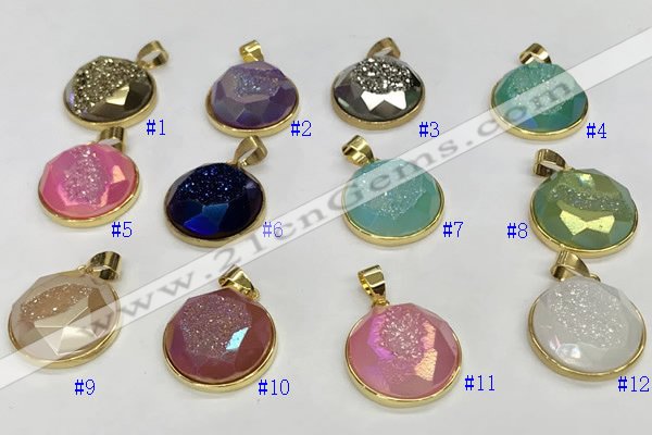 NGP9612 20mm faceted coin plated druzy agate pendants